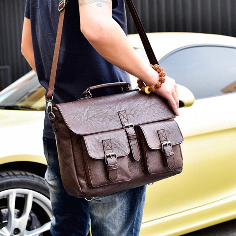 elvesmall Men PU Leather Canvas Large Capacity 14 Inch Multifuntion Briefcase Crossbody Bags Handbag Backpack