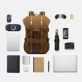 elvesmall Men Genuine Leather And Canvas USB Charging Retro Travel Outdoor Large Capacity Backpack