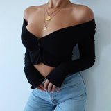 Women Long Sleeve Crop Tops Sexy Deep V Neck Basic Solid Black White Lady Casual Tshirt Sexy Off Shoulder T Shirts Summer Autumn