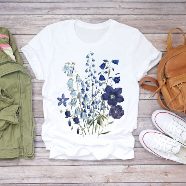 Women Summer Short Sleeve Floral Flower Fashion Lady T-shirts Top T Shirt Ladies Womens Graphic Female Tee T-Shirt