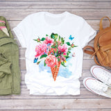 Women Summer Short Sleeve Floral Flower Fashion Lady T-shirts Top T Shirt Ladies Womens Graphic Female Tee T-Shirt