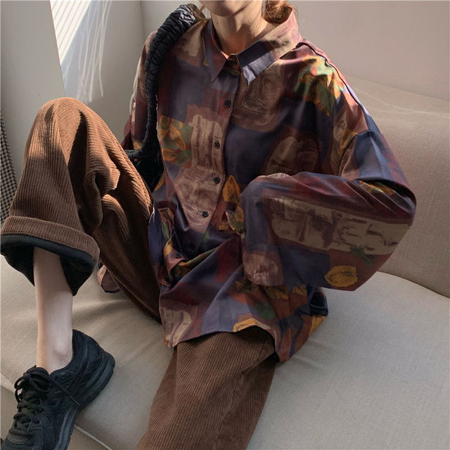 Elvesmall  Women Blouses Casual Print Shirts Loose Turn-down Collar Button Up Korean Style Vintage Harajuku Fashion Female Tops All-match