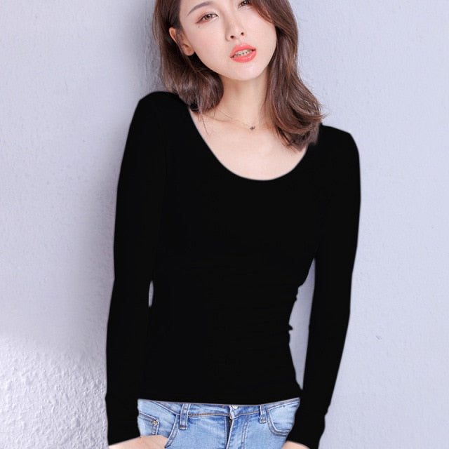 Elvesmall  Brand New Cotton Women's T-shirt Long-sleeved Solid Color Women T-shirts Leisure Woman T shirt for Female Tops Tees